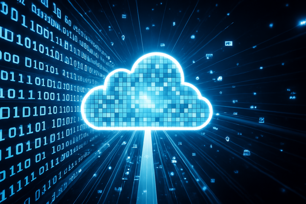 Cloud computing concept with digital data transfer