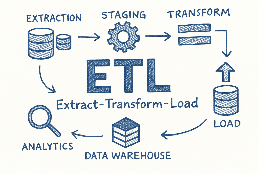 ETL diagram showing extract, transform, and load data pipeline process