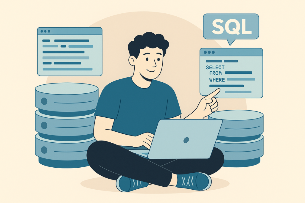 Developer sitting with laptop writing SQL queries